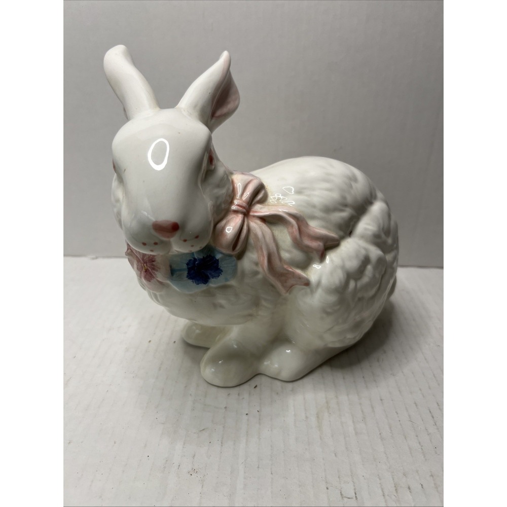 Vintage white ceramic Easter Bunny Figurine With Flowers And Pink Bow